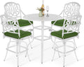 VIVIJASON 5-Piece Patio Swivel Bar Stools Set, All Weather Cast Aluminum Outdoor Bar Height Bistro Set with 4 Cushioned Bar Chairs & 35.4" High Bar Table w/Umbrella Hole for Backyard, Lawn, White