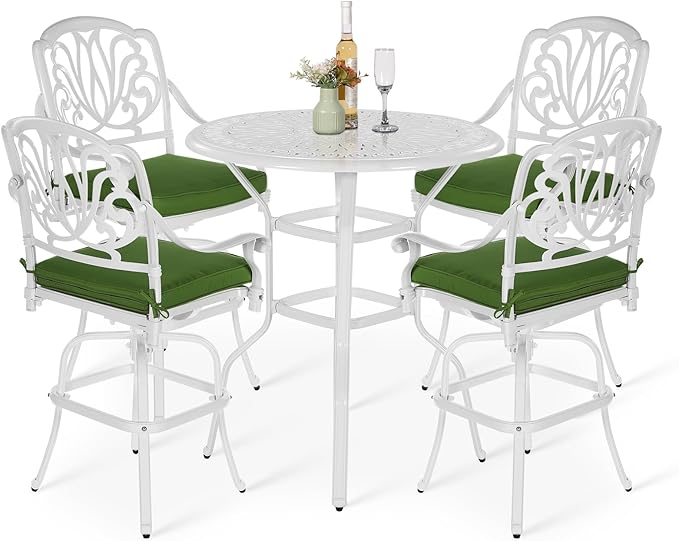 VIVIJASON 5-Piece Patio Swivel Bar Stools Set, All Weather Cast Aluminum Outdoor Bar Height Bistro Set with 4 Cushioned Bar Chairs & 35.4" High Bar Table w/Umbrella Hole for Backyard, Lawn, White