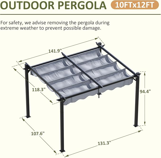 10'x12' Outdoor Pergola with Retractable Canopy, Patio Metal Heavy-Duty Gazebo Shelter for Backyard, Deck, Garden