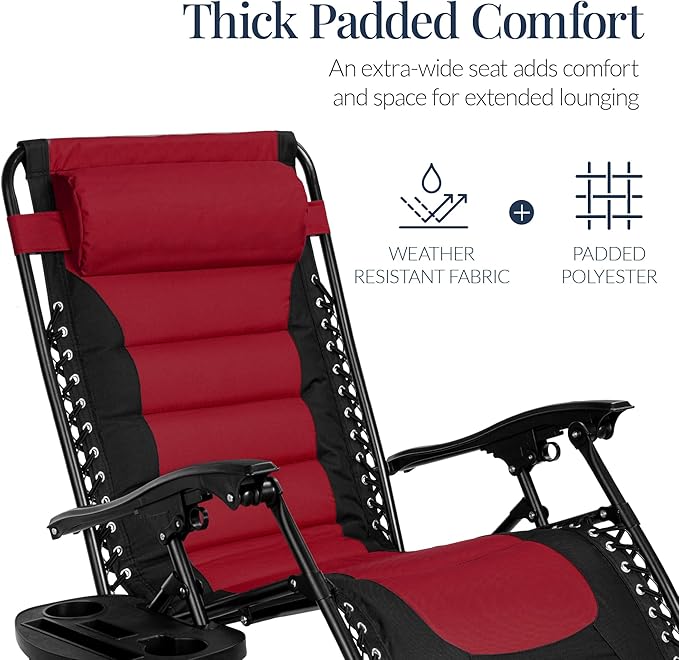 Best Choice Products Oversized Padded Zero Gravity Chair, Folding Outdoor Patio Recliner, XL Anti Gravity Lounger for Backyard w/Headrest, Cup Holder, Side Tray, Polyester Mesh - Burgundy