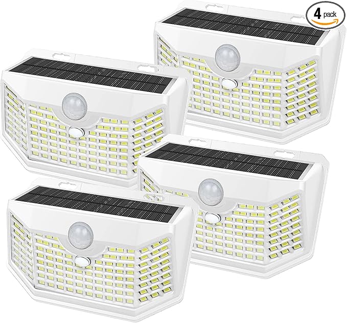 HMCITY 120 LED Outdoor Solar Lights with Motion Sensor and 3 Lighting Modes, IP65 Waterproof Wide Solar Wall Lights Ideal for Garden Patio Yard (Front Button 4Packs, White Shell-Daylight White)