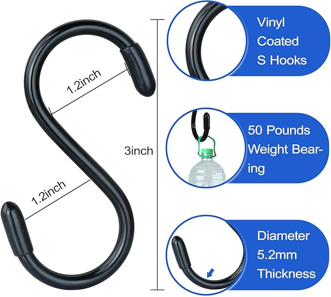 3 Inch Vinyl Coated S Hook,S Hooks for Hanging Plants ,10 Pack Non Slip Heavy Duty S Hooks ,Small Rubber Coated Steel Metal Black Closet S Hook for Hanging Jeans Plants Jewelry Pot Pan Cups Towels