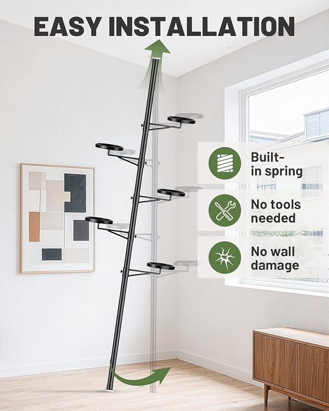Tension Rod Plant Stand, 5 Tier Tension Pole Plant Stand with 5 Metal Trays, Plant Poles for Hanging Plants Indoor, Floor to Ceiling Plant Pole Hanging Plant Stand