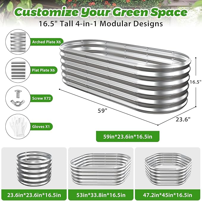 17" Tall Outdoor Garden Raised Garden Bed Kits, 5ft X 2ft Oval,0.8MM Thick Metal Raised Planter Bed/Ground Planter Box for Variety of Flowers,Herbs,Vegetables (Silver, 60X24X16.5 Inches)
