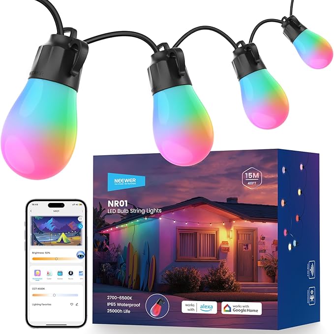 NEEWER 48ft Outdoor String Lights, App Control Smart AI RGBW Hanging Outside Patio Balcony Backyard Holiday Lighting, IP65 Waterproof, 15 LED Bulbs, 50+ Scenes, Compatible with Alexa Google, NR01