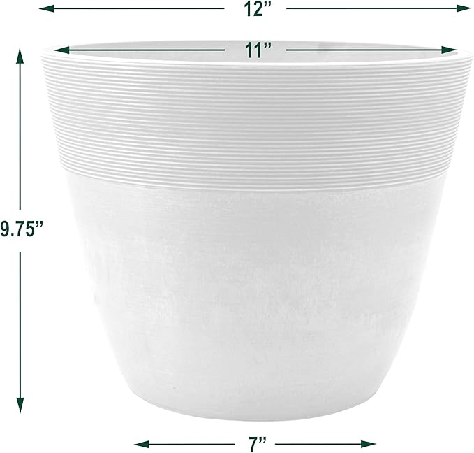 PSW Pot Collection 12-inch Plastic/Stone/Wood Composite Large Ribbed Planter – No Drainage Hole (Drillable), Indoor/Outer Garden Pot for Foliage, Trees, Flowers, Ferns, Cement Gray