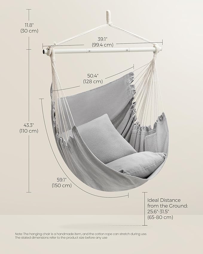 SONGMICS Hammock Chair, Load Capacity 500 lb, Hanging Chair with 2 Cushions, Large Hammock Swing with Chain and Pocket, for Indoor, Outdoor, Living Room, Bedroom, Dove Gray UGDC197G01