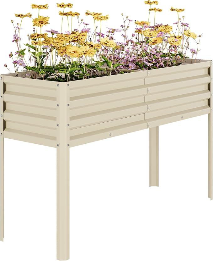 Galvanized Raised Garden Bed with Legs&Water Storage - 50×32×17 in Metal Planter Box, Outdoor Raised Garden Beds Gardening, Durable Planter Raised Beds, Sturdy Planters for Outdoor Plants (Beige)