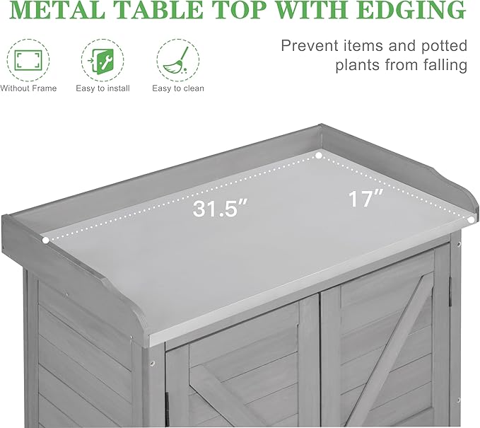 Outdoor Potting Bench with Storage Cabinet and Metal Top, Wood Workstation for Outdoor Patio, Garden (Classic Grey, 31.5x17x39‘’)