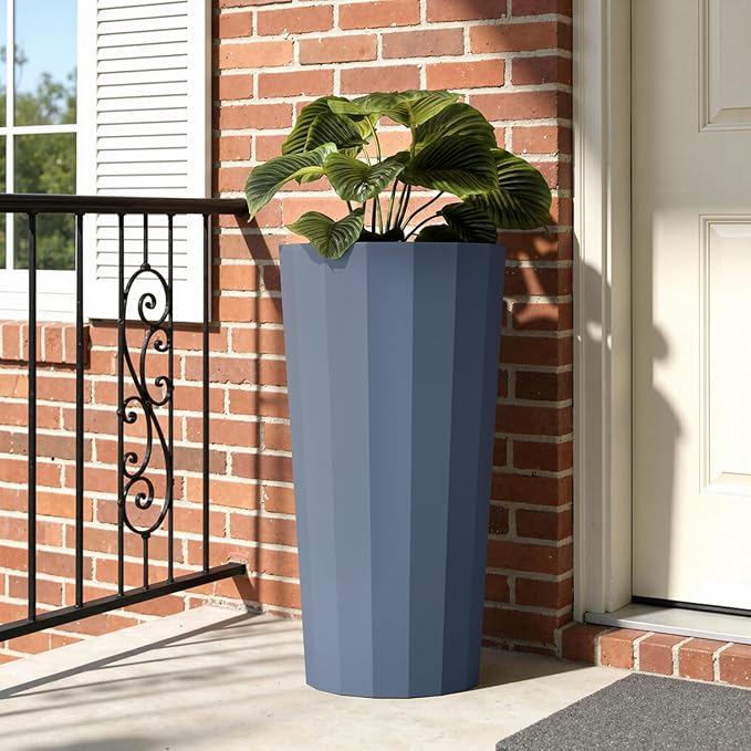 23.6" H Tall Planters for Outdoor Plants, 2 Pack Large Outdoor Planters for Porch Decor with Automatic Drainage Hole, Plastic Stripe Design Flower Pots Fits Indoor Plants Patio Garden, Black