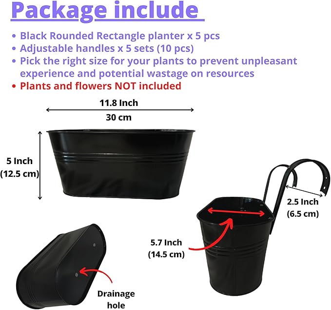 LaLaGreen Rail Planter Outdoor Plants(5 Pack, 11.8 Inch) Black Metal Iron Hanging Flower Pots Deck Railings Fence Buckets Modern Countryside Boho Style Wall Mount Window Box Plant Holder Porch Decor