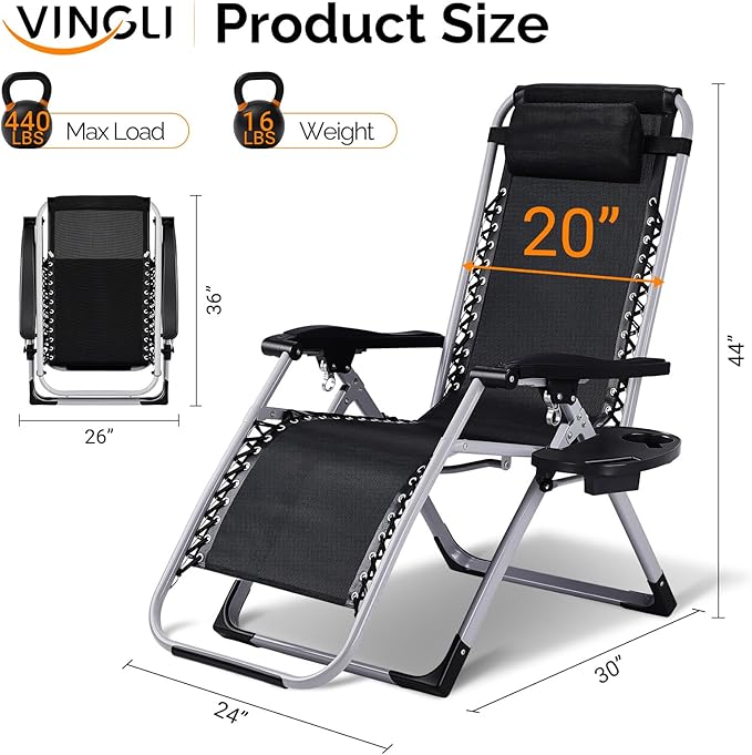 VINGLI Padded Zero Gravity Chair, Lounge Chair with Removable Cushion & Tray， Folding Reclining Patio Chairs， Recliner Chair for Lawn，Indoor and Outdoor
