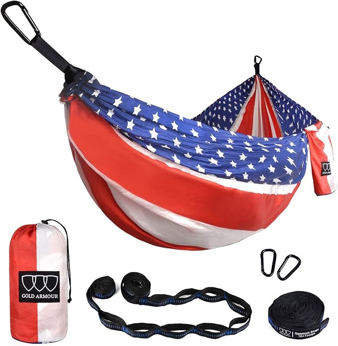Gold Armour Camping Hammock - XL Double Hammock Portable Hammock Camping Accessories Gear for Outdoor Indoor with Tree Straps, USA Based Brand (Flag)