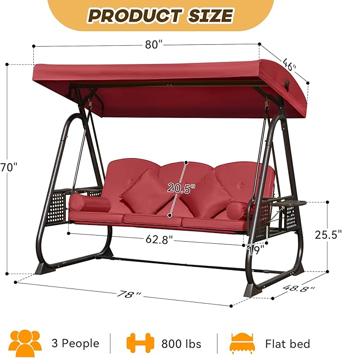 3 in 1 Outdoor Porch Swing with Adjustable Canopy, 3 Seat Outdoor Swing for Adults, Patio Swing Chair with Thickened Cushions,Pillows & Cup Holders for Backyard, Porch, Garden (Wine Red)