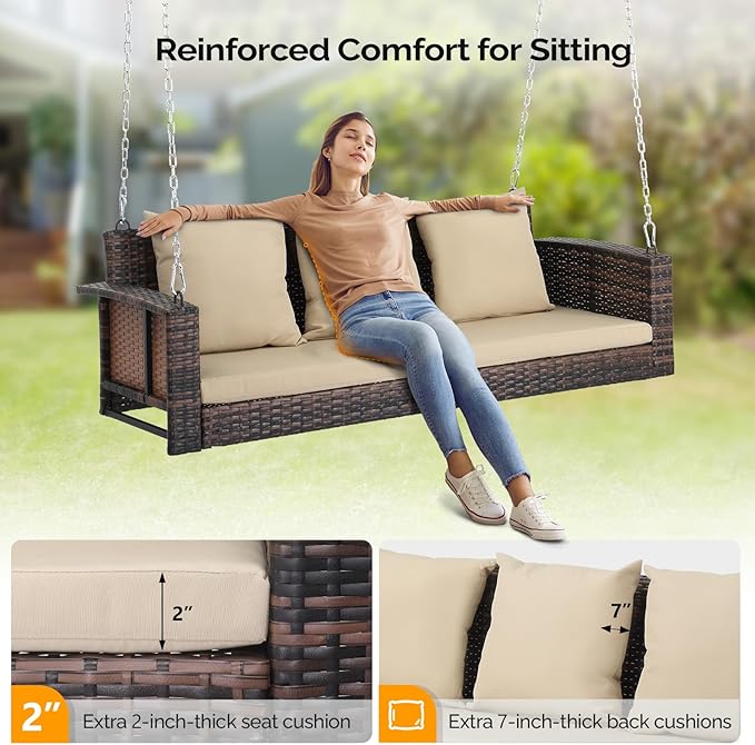 VINGLI Heavy Duty 800 LBS Wicker Hanging Porch Swing with Cushions & Chains, 5FT Outdoor Rattan Swing Bench for Garden, Yard, Lawn (Brown)