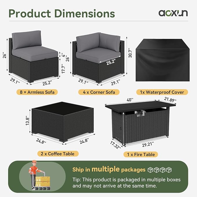 Aoxun 15 Piece Patio Furniture Set with 44” Fire Pit Table Wicker Rattan Patio Sectional Sofa Set Outdoor Seating Furniture with Thickened Cushion, Grey