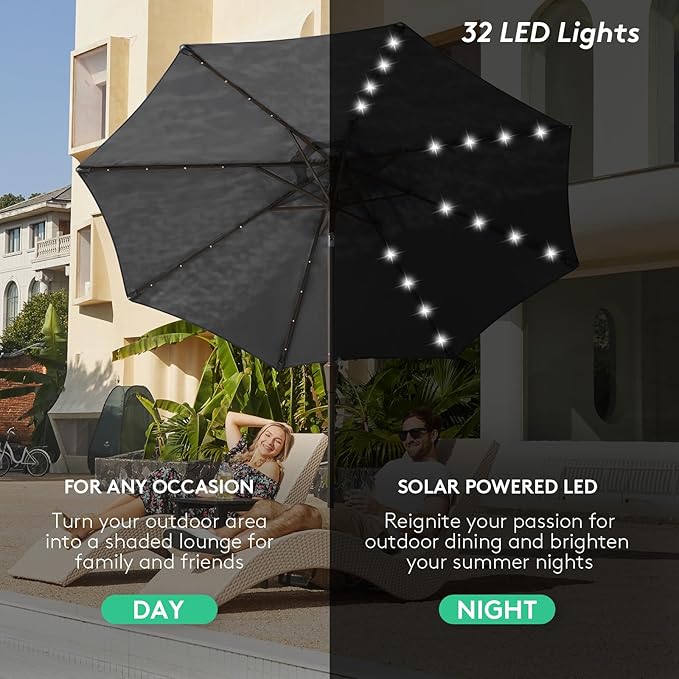 JEAREY 9FT Outdoor Patio Umbrella with Solar Lights, LED Lighted Pool Umbrella with Tilt and Crank, Outdoor Table Umbrellas for Deck, Yard & Market (Dark Gray)