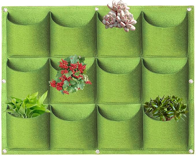 Hanging Planting Grow Bags, 12 Pockets Hanging Vertical Wall Planter Wall Mounted Grow Bag Outdoor Indoor Gardening Vertical Greening Flower Container, Planting Bags Storage Bags(0.6 m × 0.8 m, Green)