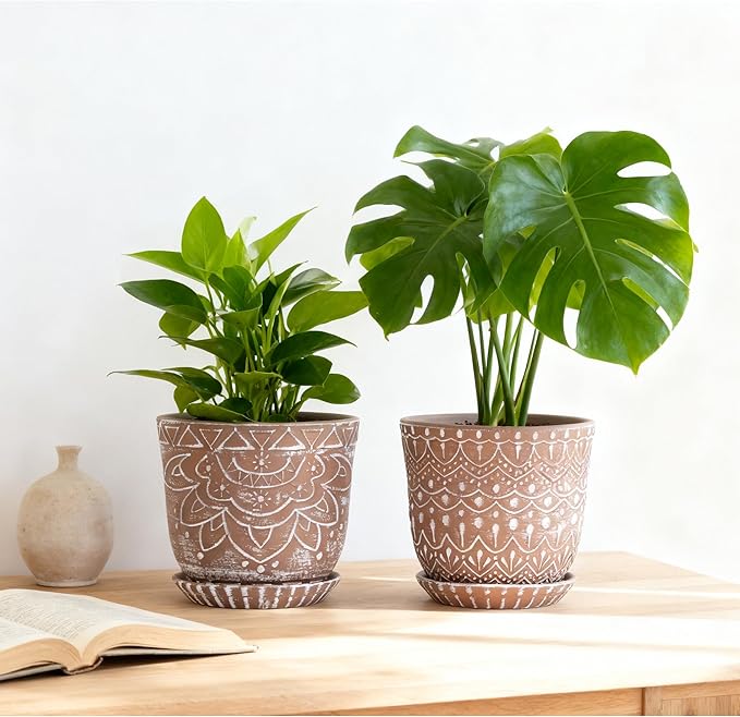 Gepege Ceramic Planter, 6 Inch Plant Pot with Drainage Holes and Saucers for Indoor Plants, Birthday for Women Mom