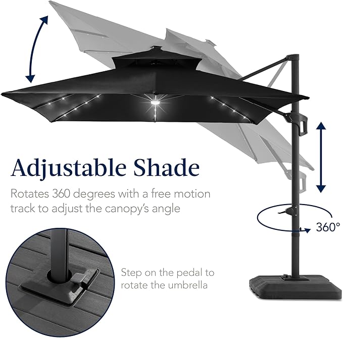 Best Choice Products 12x12ft LED Cantilever Patio Umbrella w/Base Included & 360° Rotation, Large Solar Offset Hanging Outdoor Sun Shade for Deck, Backyard Table w/Stand & Lights – Black