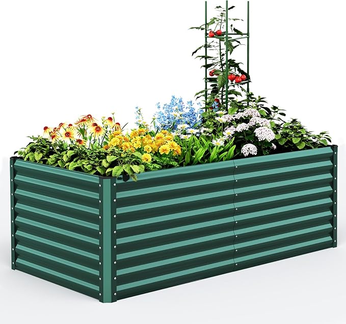 Quictent Galvanized Raised Garden Bed Metal Planter Box Bottomless for Backyard Outdoor, Include 1 pc Tomato Cage, Dark Green, 6x3x2 Ft