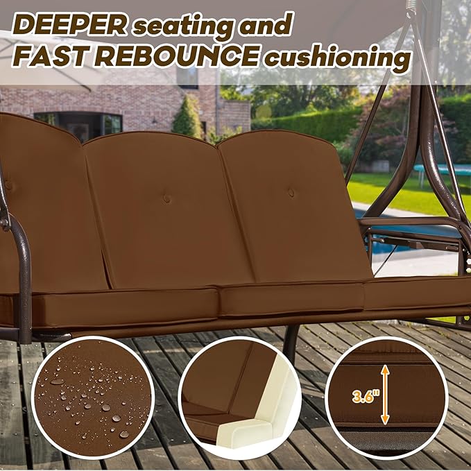 3 in 1 Patio Swing with Adjustable Canopy for Adults, 3 Seat Outdoor Swing with Thickened Cushions,Pillows & Cup Holders for Backyard, Porch, Garden (Brown)