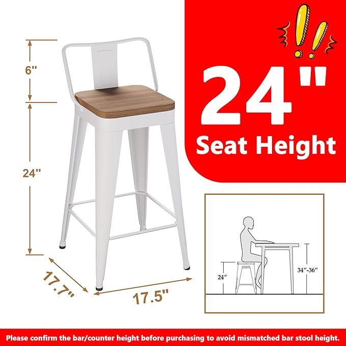 WENTMENT Metal Bar Stools Set of 2 Counter Height Barstools with Removable Back 24" Kitchen Bar Stools with Wooden Seat,Off White