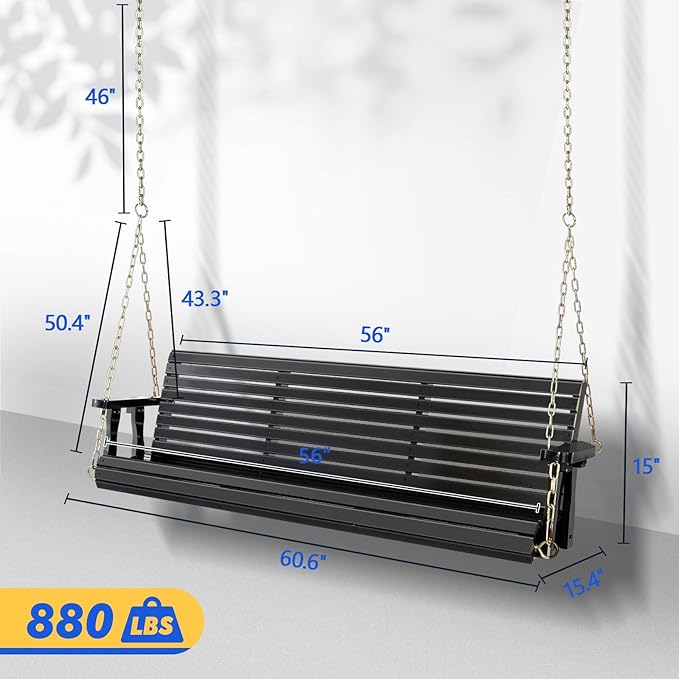 VINGLI Upgraded Patio Wooden Porch Swing for Courtyard & Garden, Heavy Duty 880 LBS Swing Chair Bench with Hanging Chains for Outdoors (Black, 5 FT)