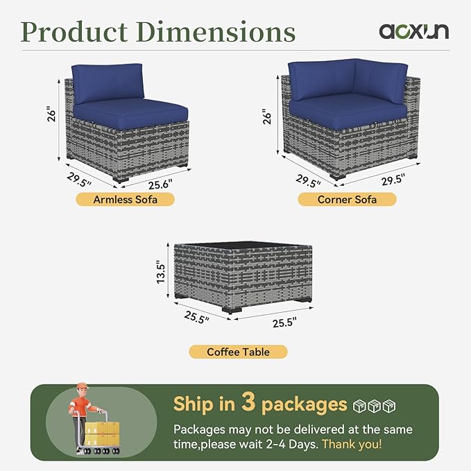 Aoxun 10 Piece Patio Furniture Set Wicker Rattan Patio Conversation Set Outdoor Sectional Sofa Set with Coffee Table and Thickened Cushions, Gray/Blue (Waterproof Cover Included)