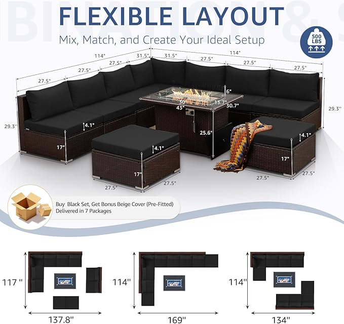 NICESOUL Outdoor Patio Furniture Set with Fire Pit Natural Gas/Propane, 29.3'' High-Back XL Large Conversations for Exteriors, 9-Seater Wide Deep Seating Rattan Sectional Sets, Brown and Black