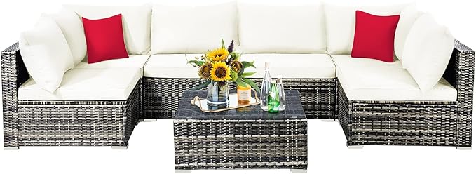 Tangkula 7 Pieces Wicker Patio Furniture Set, All-Weather Outdoor Rattan Sectional Sofa Set with Cushions & Tempered Glass Coffee Table, Outside Sofa Set for Garden, Lawn, Deck, Backyard (White)