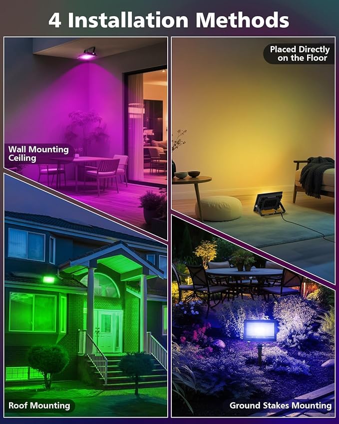 T-SUN Christmas LED Flood Light, 30W RGBCW Dimmable Outdoor Smart Lights, Color Changing LED Light with Remote & APP Control Waterproof Up Lights, Music Sync Stage Spot Light for House, Party (4 Pack)