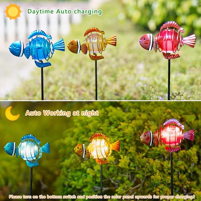 Fish 3Pack 21.3''H Outdoor Figurine Lights, Multicolor Clownfish Solar Garden Decor with Led Lights, Decorative Garden Stake for Yard, Patio, Lawn