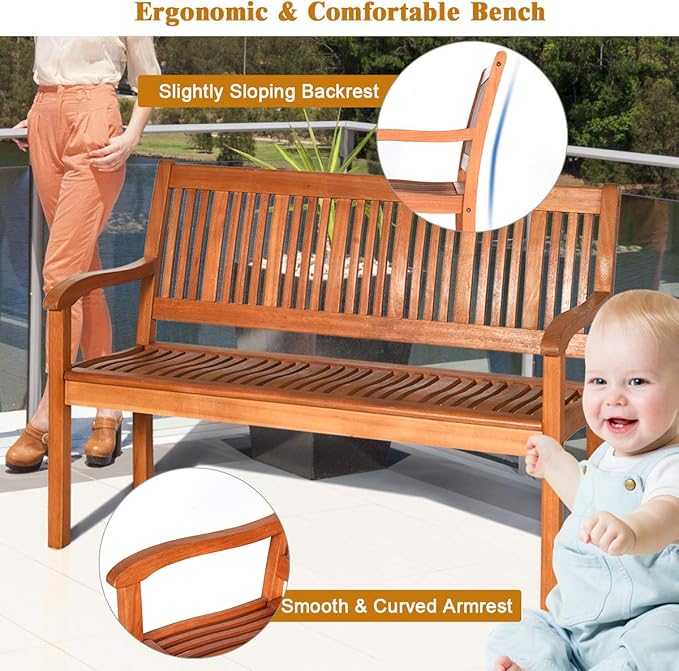 Tangkula Outdoor Wood Garden Bench, 50" W Solid Wood Patio Park Bench with Dense Slatted Backrest & Seat, Curved Armrest, Large Wooden Loveseat Bench for Deck, Porch, Poolside, Yard & Balcony
