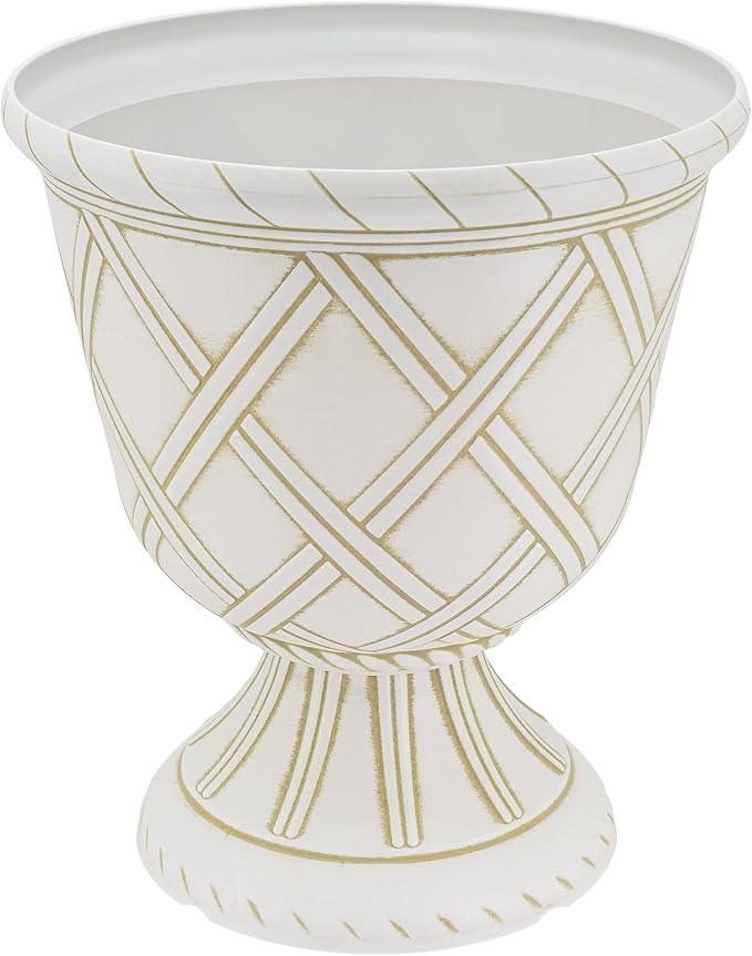 Arcadia Garden Products PL61BG Lattice Plastic Garden Urn, Classic Decorative Garden Pot Planter for Indoor and Outdoor Plants, Beige