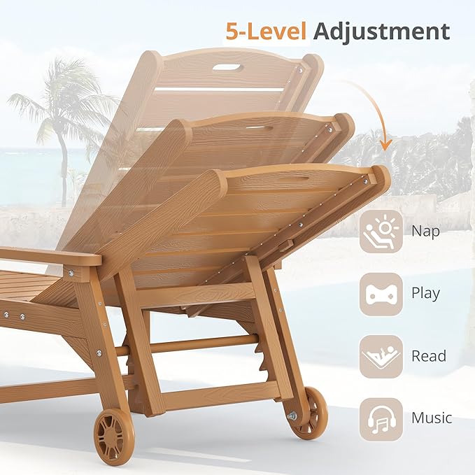 LUE BONA Chaise Lounge Chairs Set with Table, 3-Piece, 79'' Oversized HDPS Chaise Lounger, 5 Positions Adjustable Lounge Chairs, Pool Lounge Chair with Wheels for Poolside, 3 Year Warranty, Teak Color