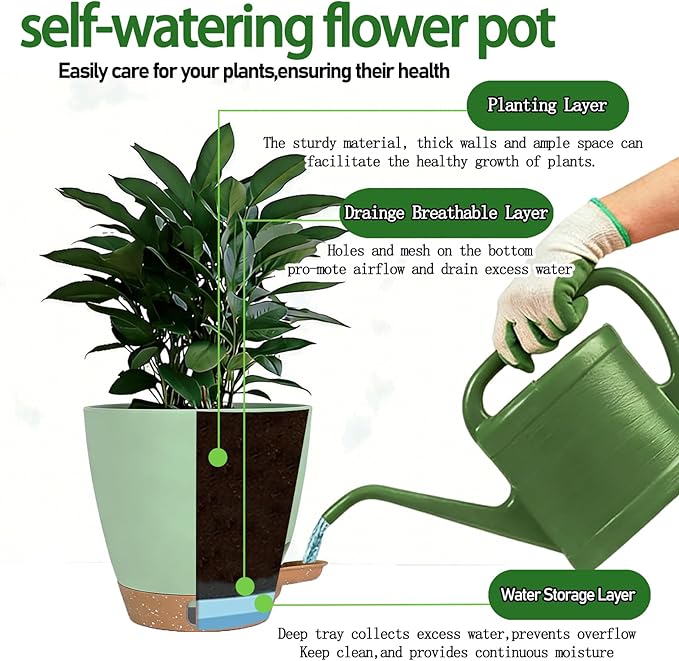 Self-Watering Plant Pots for Indoor Plants: 5/6 Inch Plastic Planter with Water Level Indicator, Drainage Holes & Deep Reservoir, Modern Decorative Flower Pot (Green)