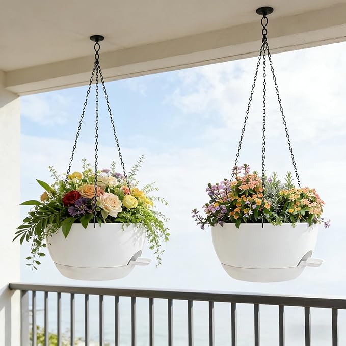 2 Pack 12 Inch Self Watering Hanging Planters for Indoor Plants, Large White Plastic Hanging Pots with Chains for Outdoor Patio Garden Home Decor White