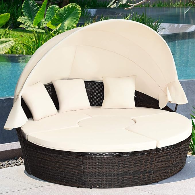 Tangkula Patio Round Daybed with Retractable Canopy, Outdoor Wicker Rattan Furniture Sets, Sectional Cushioned Sofa Set w/Height Adjustable Coffee Table, Rattan Conversation Sets (Beige)