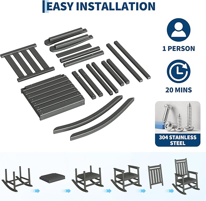 HDPE Rocking Chair Outdoor Set of 6 - Poly High Back Porch Rocker Chairs for Adults - All Weather Resistant Furniture for Patio Front Porch - Gray