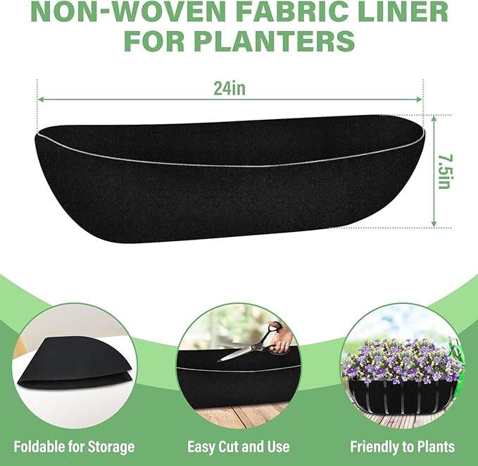 Riare 4 Pack 24 Inch Black Felt Window Box Liners- Fabric Trough Planter Basket Liners Replacement, Non-Woven Hanging Plant Liner for Wall Hanging Basket, Garden Fence Railing (Avoid Bird Nesting)