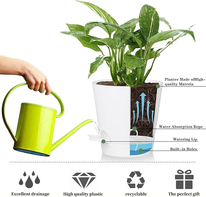 5 Pack 5 inch Self-Watering Pots, African Violets Planter with Drainage Holes and Reservoir, White Plastic Planter for Indoor Outdoor Plants Flowers and Houseplants White, 5 inch 5 pcs