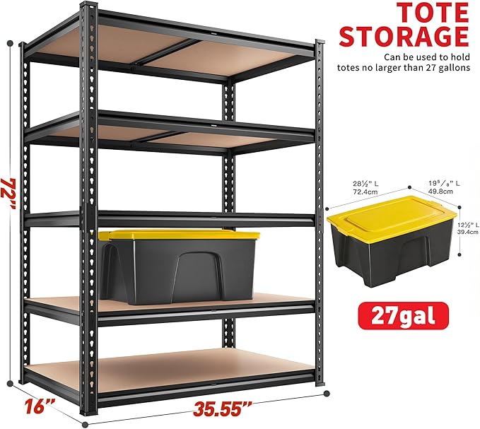 REIBII 2400LBS Storage Shelves 5 Tier Garage Shelving Heavy Duty, Adjustable Metal Shelving, Garage Shelves for Basement, Warehouse, Pantry, Closet, Kitchen 72" H x 35.55" W x 16" D, Black, 4 Pack