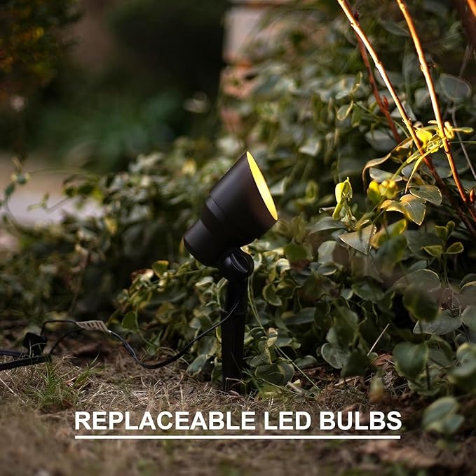 GOODSMANN Landscape Lighting 2PK Low Voltage Landscape Flood Lights 3W LED 200 Lumen Outdoor Spotlight 3000K Warm White Replaceable LED Bulbs Outside Hardwired Lighting with Metal Stakes