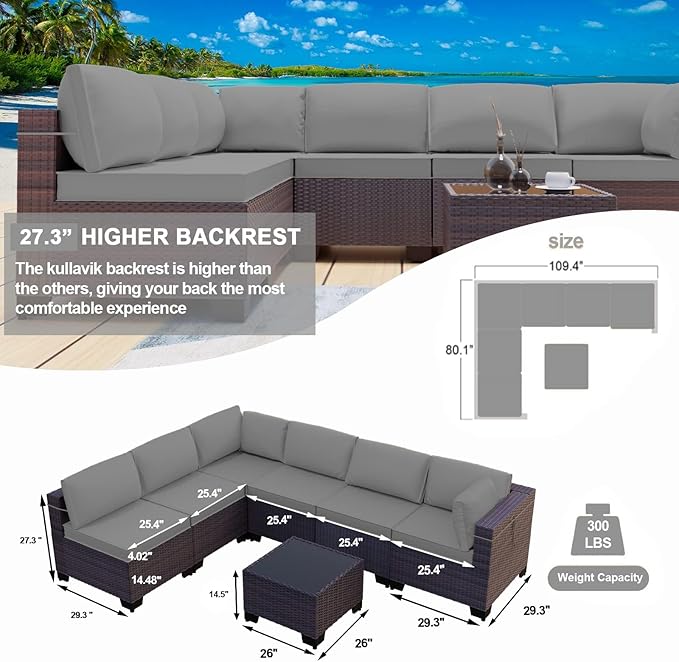 Kullavik 7 Pieces Outdoor Patio Furniture Set PE Wicker Rattan Sectional Sofa Patio Conversation Sets,Grey