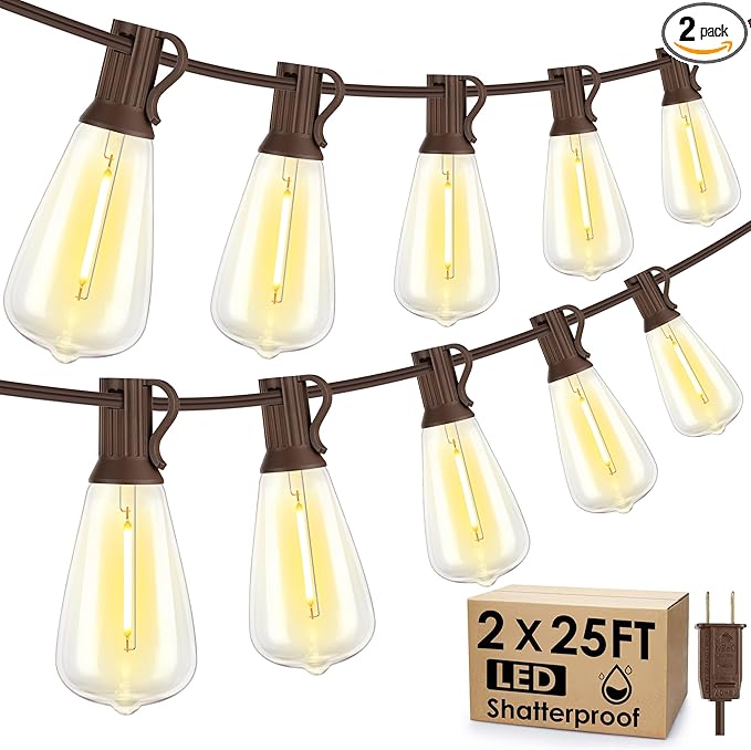 50FT(2x25FT) Outdoor String Lights, Patio Lights with 20+2 LED Dimmable Waterproof ST38 Vintage Shatterproof Bulb for Bistro Cafe Fence, Brown
