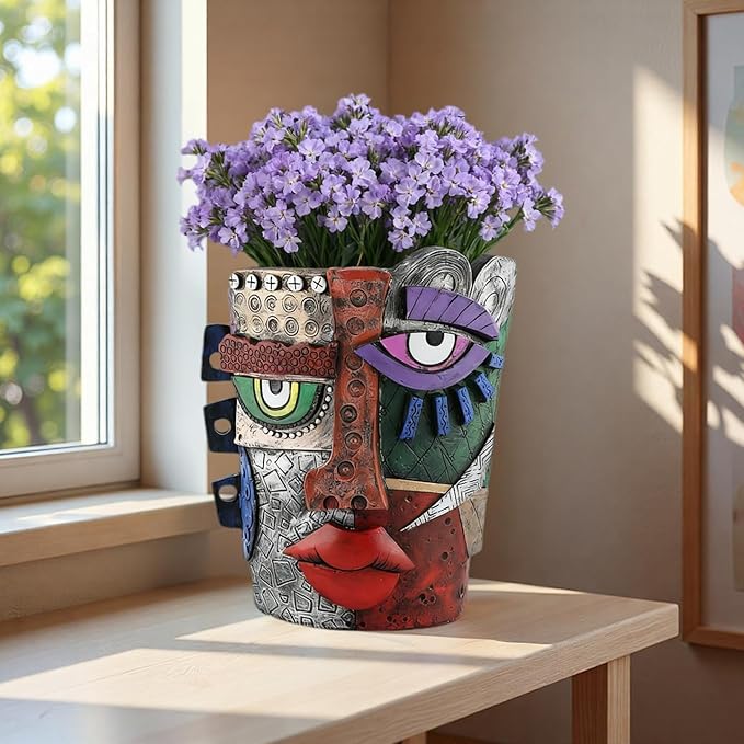 Picasso Abstract Face Flower Pot,Unique Resin Crafted Planter with Drainage Holes,Interesting Colorful Planter with Human face,for Indoor and Outdoor Botanical Home décor (Serious)