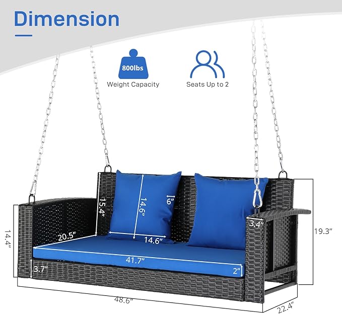 Outvita Porch Swing 2 Person Hanging Bench, Wicker Outdoor Swing Bench with Cushion and Pillow for Patio, Yard, Garden Hold Up to 800 lbs (Blue)
