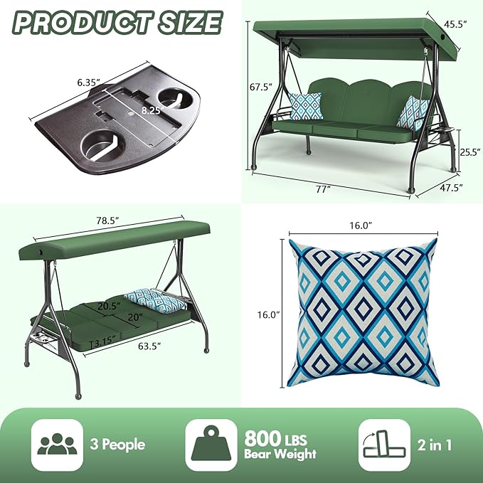 3 Seat Outdoor Porch Patio Swing with Stand 800lbs 2-in-1 Convertible Swing Bed with Adjustable Canopy & Removable Cushion for Yard Garden Deck (Green, Round Tube)