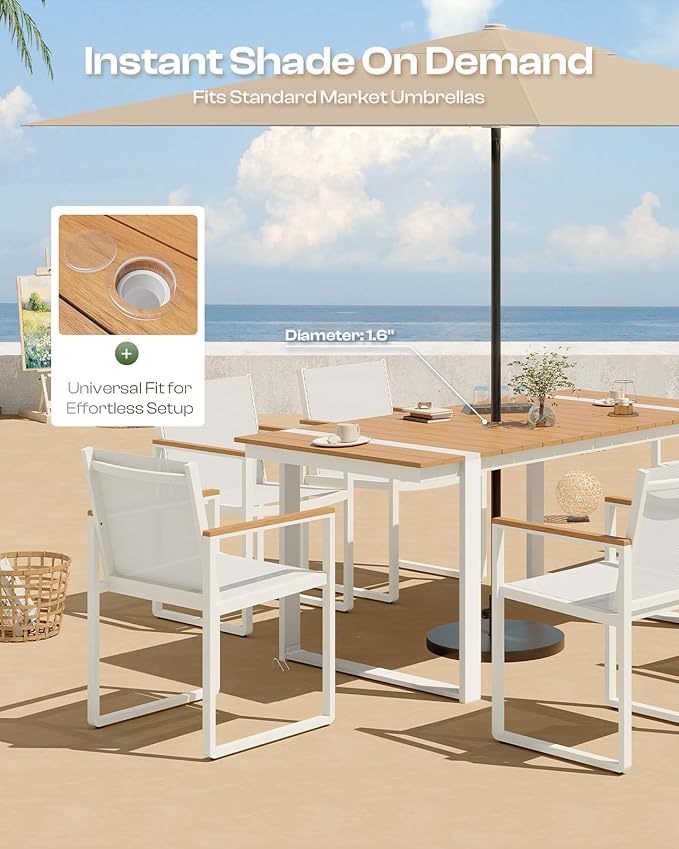 Outdoor Dining Table for 6, HDPS+ Aluminum Patio Dning Table with U-Shape Leg, Size: 67.4"*32.3"*29.6",Modern Rectangular Table for Lawn, Garden (White-Teak)
